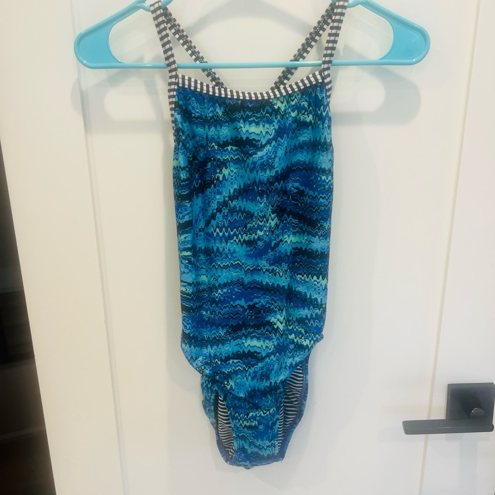 Dolfin Blue & Black Striped Swim Top with Turquoise Accent